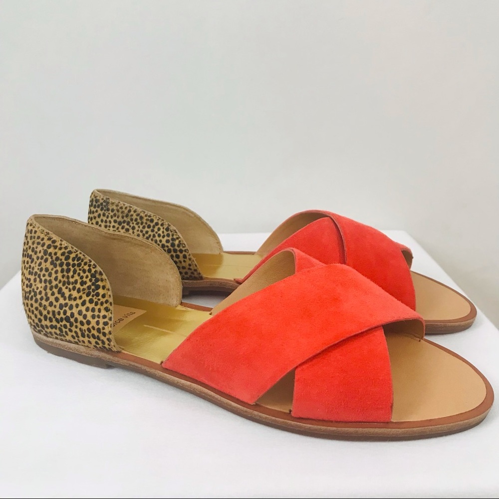 Dolce Vita Criss-Cross Cow Hair Peep Toe Orange Leopard Print Flats